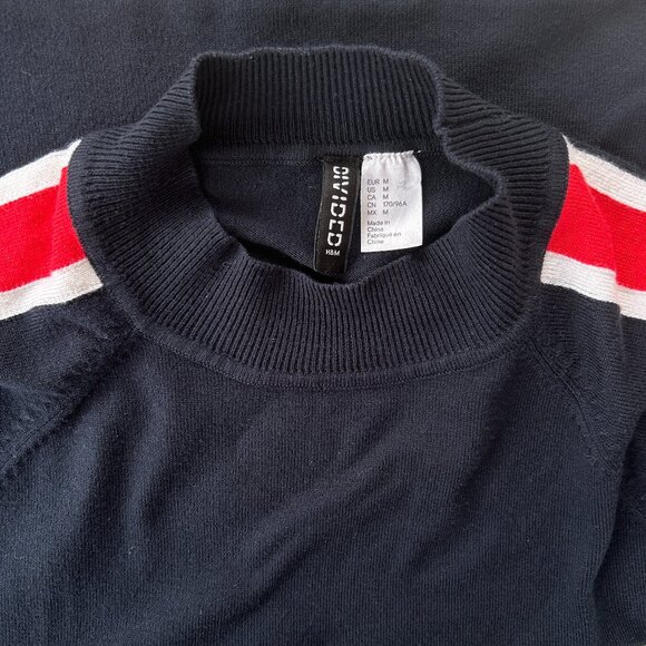 H&M Retro Navy Blue Sweater with Red & White Side Stripes – Small - Picture 6 of 9